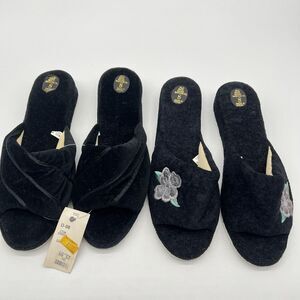 VTG 2 Pairs of 1980s Black Velvet Boudoir Slippers 1 w/Satin Ribbon/1 Floral-Sz8